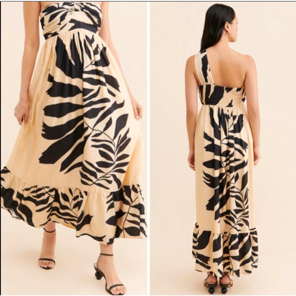Anthropologie Let Me Be Maxi Dress Palm Printed One Shoulder Cream Black Size MP